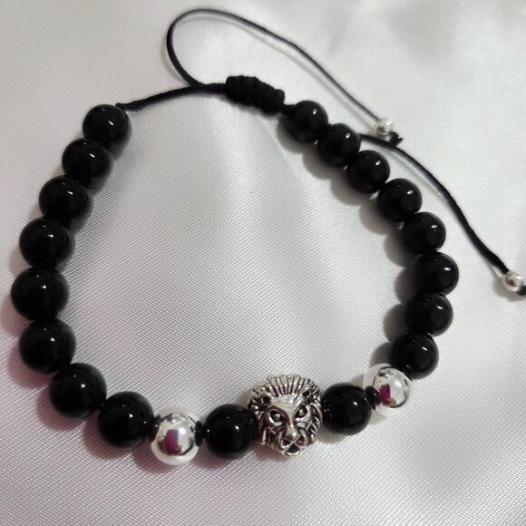 Black Men's Glass Beaded Lion Bracelet - Picture 2 of 3